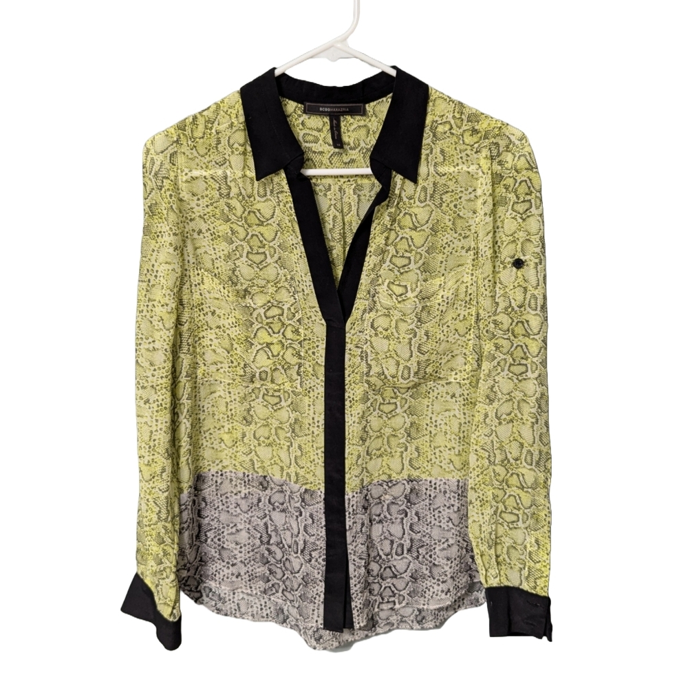 BCBGMAXAZRIA Silk Snakeskin Print Blouse with Black Accents